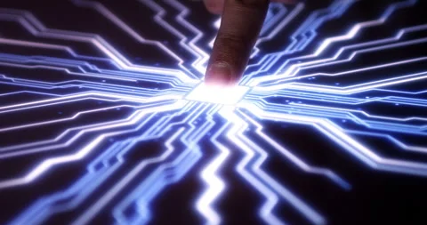 Human hand pressing glowing illuminated virtual circuit technology button Stock Footage 317687432