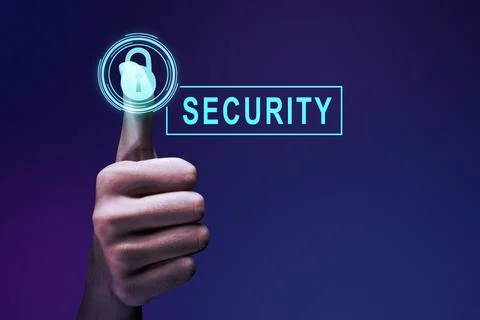 A human hand pushes the virtual button with a security symbol Foto stock