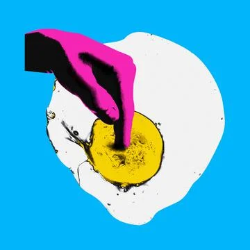 Human hand putting finger inside fried egg, yolk over blue background. Breakfast Ilustração Stock