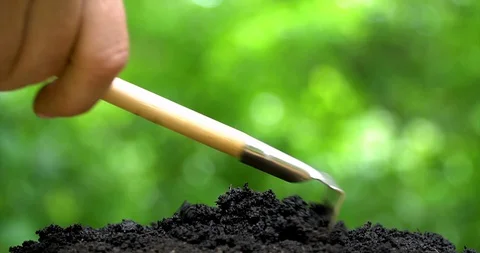 Human hand to rake the ground by rake and waterering by from vintage pulverizer. Stock-Footage 127747548