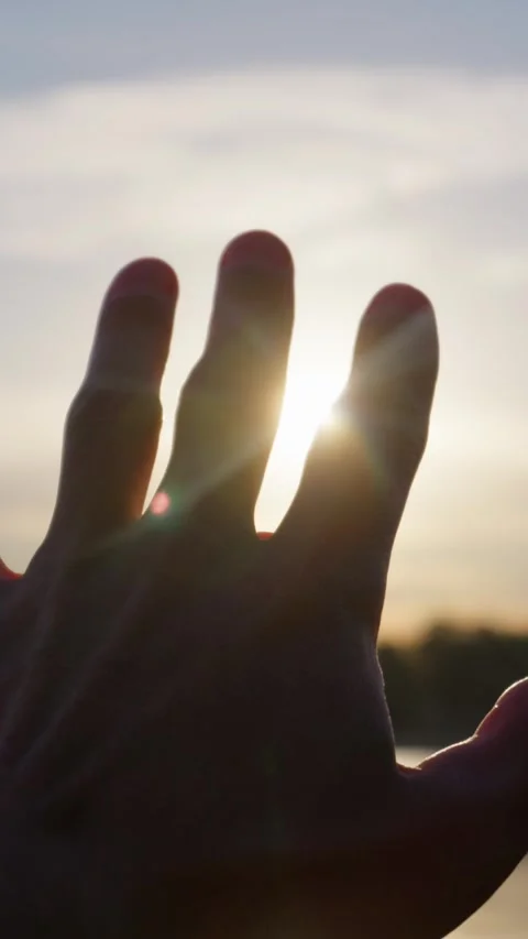 Human Hand Reaching Toward Bright Sun Rays During Sunset Close Up Stock Footage 345425104