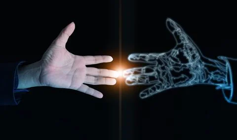 Human hand reaching toward digital twin hand glowing with energy light, sym.. Stock Photos