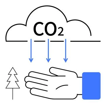 Human Hand Receiving CO2 Emissions from Cloud with Tree Icon in Simple Line.. Stock Illustration