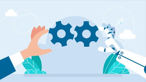 Human hand, robot hand assemble parts of mechanism. Gears. Industry development Stock Footage 255194266