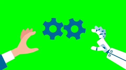 Human hand, robot hand assemble parts of mechanism. Gears. Industry development Stock Footage 279936237