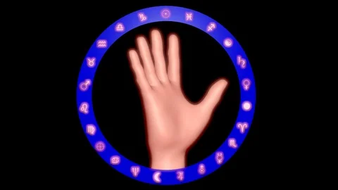 Human hand rotating and surrounded by mystical symbols  . 3d animation Video stock 124490761