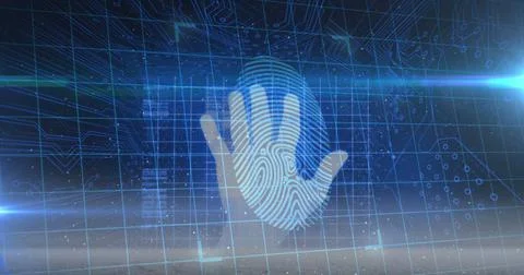Human hand scanning over biometric scanner against security padlock and Illustrazione stock