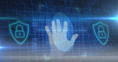 Human hand scanning over biometric scanner against security padlock and Stock-Illustration