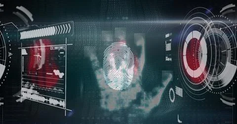 Human hand scanning over biometric scanner against digital interface with data Stock Illustration