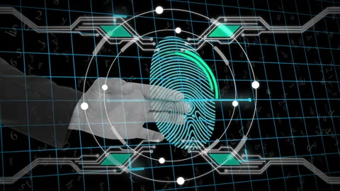 Human hand scanning over fingerprint biometric scanner against grid network of Stock Footage 150853035