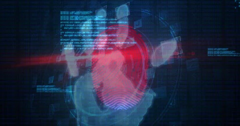 Human hand scanning over fingerprint biometric scanner against data processing Stock Footage 150853047