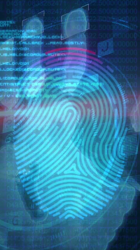 Human hand scanning over fingerprint biometric scanner against data processing Stock Footage 331649628