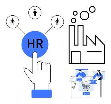 Human hand selecting HR, factory building with gears, shoppers on online stor Ilustración de archivo