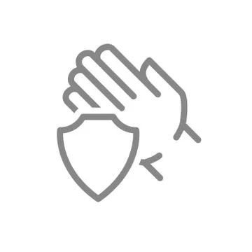 Human hand with shield line icon. Treatment, hand disinfection, hygiene symbol Illustrazione stock