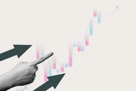 Human hand showing a candlestick chart with an upward arrow. Concept of bus.. Stock Photos
