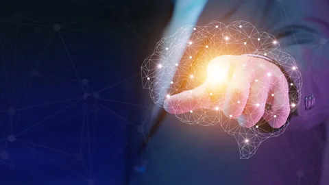 Human hand shows AI brain provide access information, digital chat bot concept. Video stock 238661894