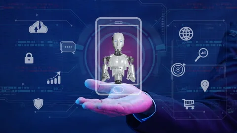 Human hand shows AI icon provide access information, digital chat bot concept. Stock Footage 238661833