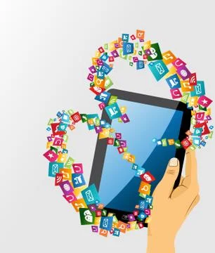 Human hand with tablet pc social media icons. Illustrazione stock