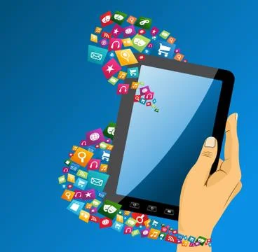 Human hand with tablet pc social media icons. Illustrazione stock