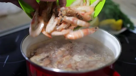 Human hand throws raw shrimp into boiling water Stock Footage 207863608