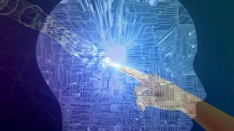 Human Hand Touching AI Circuit Board Brain Stock Footage 336013852