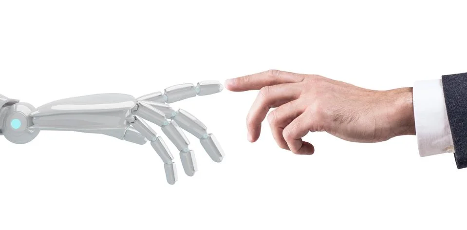 Human hand touching an android hand. 3d rendering. Stock Photos