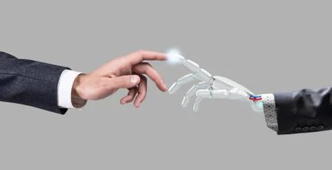 Human hand touching an android hand. 3d rendering. Stock Photos