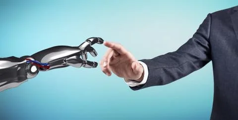 Human hand touching an android hand. 3d rendering. Stock Photos