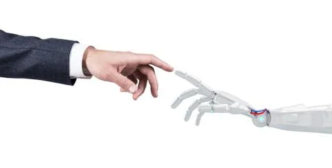 Human hand touching an android hand. 3d rendering. Stock Photos