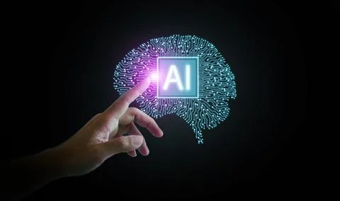 Human hand touching digital AI brain hologram, representing artificial inte.. Stock Photos