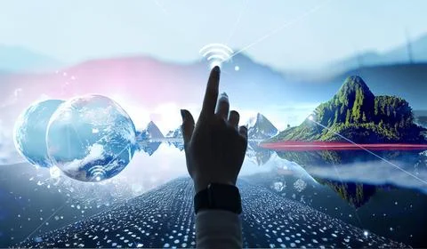 Human hand touching digital pad Environment save clean planet ecology concept Stock Illustration