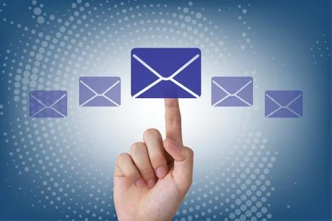 Human hand touching e-mail button on visual screen	 Stock Photos