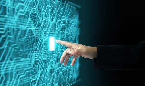 Human hand touching glowing digital switch on futuristic circuit board, rep.. Stock Photos