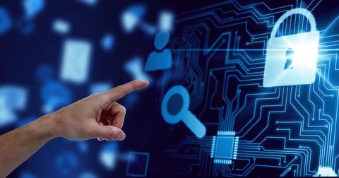 Human hand touching invisible screen against digital icons and microprocessor 스톡 사진