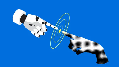 Human hand touching robot hand. Fight between human and artificial intelligence Stock Footage 332150980