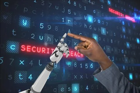 Human hand is touching robot hand against code computer background Stock Photos