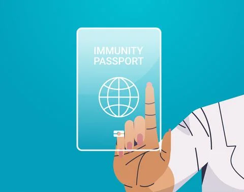 Human hand touching virtual global immunity passport risk free covid-19 re Stock Illustration