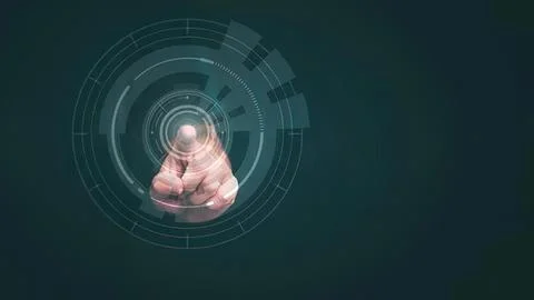 Human hand touching virtual hologram interface in dark Stock Photos