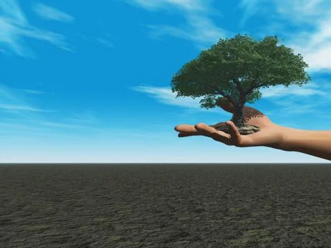 Human hand with tree - 3d illustration Illustrazione stock