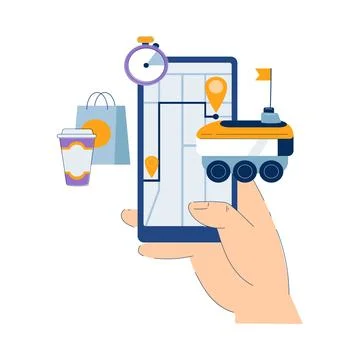 Human Hand Use Robot Online Delivery Service with Smartphone App Vector Stock Illustration