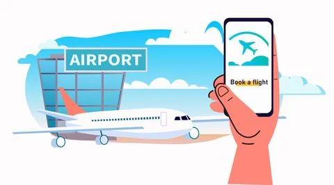 Human hand using booking flight mobile app on smartphone airport terminal with Stock Illustration