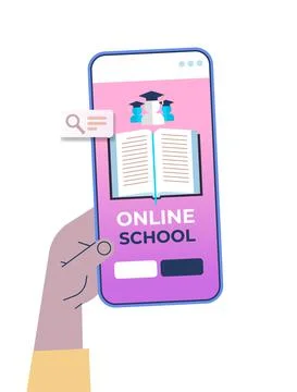 Human hand using digital mobile app distance education online school e-learning Illustrazione stock
