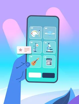 Human hand using digital mobile app distance education online school e-learning Illustrazione stock