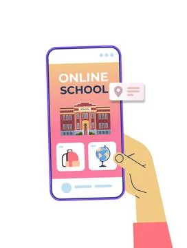 Human hand using digital mobile app distance education online school e-learning Illustrazione stock