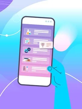 Human hand using digital mobile app distance education online school e-learning Illustrazione stock