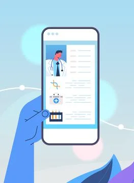 Human hand using medical mobile app on smartphone screen online consultation Stock Illustration
