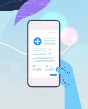Human hand using medical mobile app on smartphone screen online consultation Stock Illustration