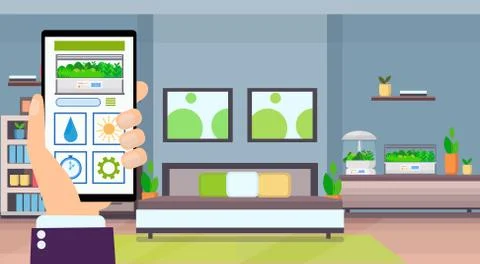 Human hand using mobile app smart control plants growing system concept Stock Illustration
