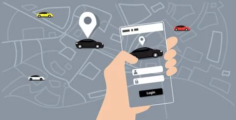Human hand using mobile app online ordering taxi car sharing concept smartphone Illustrazione stock