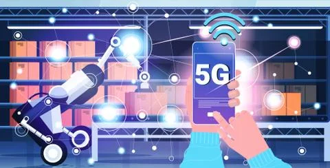 Human hand using mobile app controlling robotic loader 5G online wireless sys イラスト素材